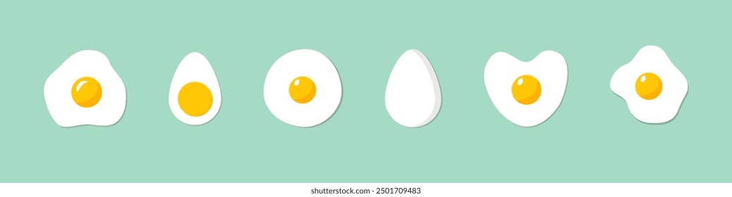 Fried egg vector set. Isolated egg sign. Breakfast illustration. Yellow yolk and white albumen.