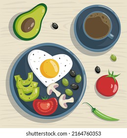 Huevo frito con verduras y café. Ilustración vectorial plana del desayuno saludable. Huevo frito, aguacate, tomates, setas y aceitunas. Vista superior. Piso plano.