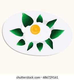 Fried egg at white plate with basil at the light yellow background