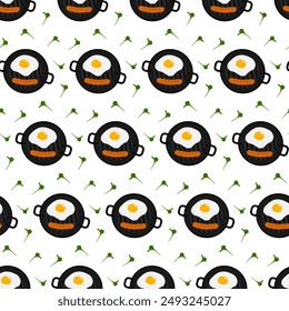 Fried egg with yolk, sausage and greens in cast iron grill pan Seamless pattern. Isolated on white