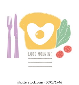 Fried egg-in-a-hole in a bread. Vector hand drawn good morning illustration. Kitchen design