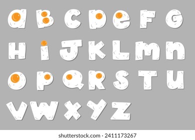 fried eggs alphabet. isolated letters  latin font. Yummy food snack typeset alphabet collection for your font design, nursery or kindergarten banners and posters, education. 