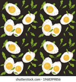 Fried eggs and arugula leaves on a black background seamless pattern. Vector illustration of cooking fresh breakfast.