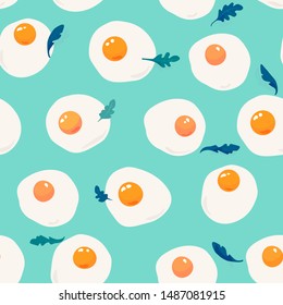OEufs frits à motif arugula harmonieux. Arrière-plan nourriture biologique. Petit-déjeuner, arrière-plan vert