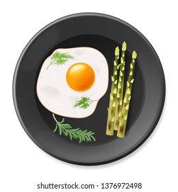 Fried eggs with asparagus on the black plate. Vector illustration