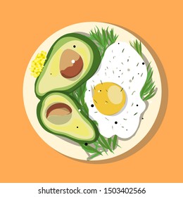  Fried eggs with avocado illustration. Vector flat icon with healthy snack.