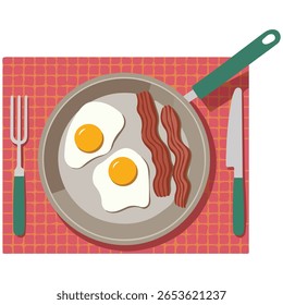 Fried eggs with bacon breakfast isolated vector illustration on white background
