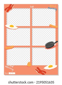 Fried Eggs and Bacon Breakfast kawaii cute automatic sticker photo booth vector frame