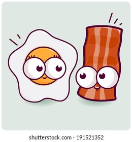 Fried eggs and bacon characters for breakfast. Cartoon egg and a bacon character. Vector illustration