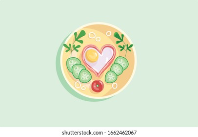 
Fried eggs with bacon, cucumbers and tomato
