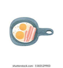 Fried eggs with bacon in frying pan. Appetizing breakfast. Tasty morning meal. Flat vector design with texture