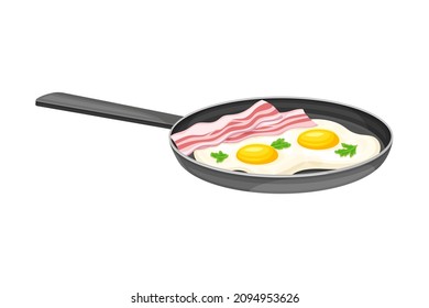 Fried eggs with bacon in frying pan. Tasty food dish for breakfast vector illustration