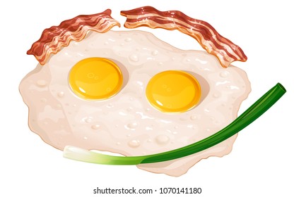 Fried eggs with fried bacon and green onions, vector illustration on white background