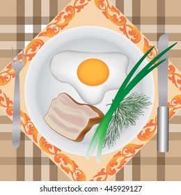 fried eggs with bacon and herbs for breakfast on checkered tablecloth
