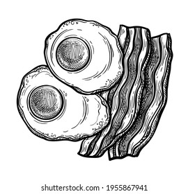 Eier und Schinken. Tintenfisch-Skizze des Frühstücks einzeln auf weißem Hintergrund. Handgezeichnete Vektorgrafik. Retro-Stil.