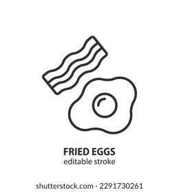 Fried eggs with bacon line icon. Breakfast vector outline symbol. Editable stroke.