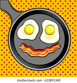 Fried eggs bacon looks like smile pop art hand drawn vector illustration.