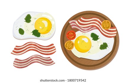 Fried eggs and bacon morning breakfast. Healthy served meal composition set on white isolated background and individual elements  of fried bacon slices and scrambled egg with liquid fresh yellow yolk