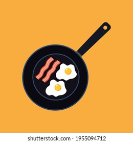 Eier mit Speck auf Bratpfanne einzeln auf orangefarbenem Hintergrund, Vektorgrafik-Illustration. Herkömmliche Frühstücksdarstellung. Ungesunde Ernährung und Lebensweise.