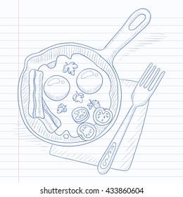 Fried eggs with bacon on frying pan. Fried eggs with bacon hand drawn on notebook paper in line background. Fried eggs with bacon vector sketch illustration.