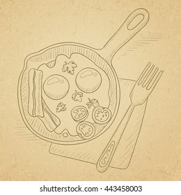 Fried eggs with bacon on frying pan. Classic breakfast. Hand drawn on old paper vintage background. Vector sketch illustration.