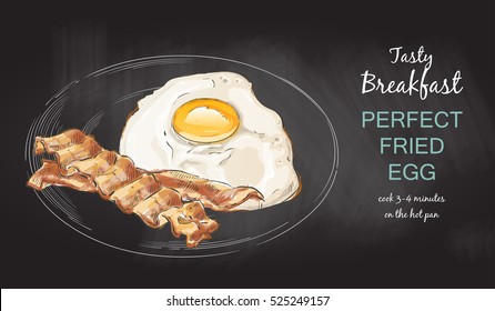 Fried Eggs With Bacon On A Frying Pan. Tasty Breakfast Perfect Fried Egg Chalk Drawing On The Blackboard. Vector Illustration