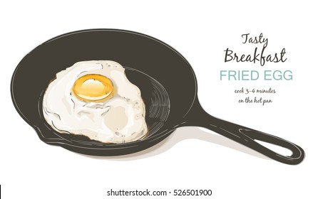 Fried eggs with bacon on a frying pan. Tasty breakfast perfect fried egg vector illustration