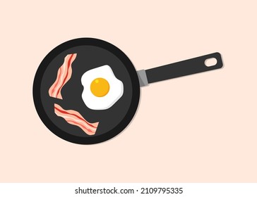 Fried eggs with bacon on pan. Vector illustration