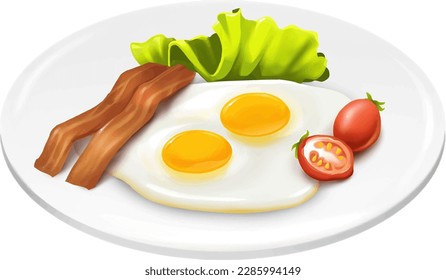 Eier mit gebratenem Speck auf dem Teller, Salat und Tomaten, Ölfarbe, digitale Farbe, weißer Hintergrund. Gesundes Essen, leichtes Essen, handgezeichnete digitale Illustration.