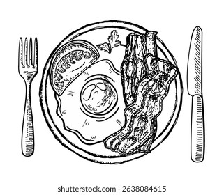 Fried eggs and bacon on the plate. Hand drawn sketch style breakfast ingredients. For menu designs and packages. Vector illustration isolated on white background.