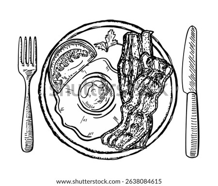 Fried eggs and bacon on the plate. Hand drawn sketch style breakfast ingredients. For menu designs and packages. Vector illustration isolated on white background.