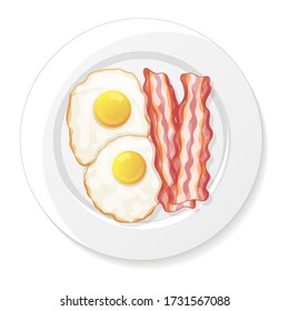 Fried eggs and bacon on a white background. Tasty breakfast. Isolated object on a white background. Cartoon style. Object for packaging, advertisements, menu. Vector illustration.