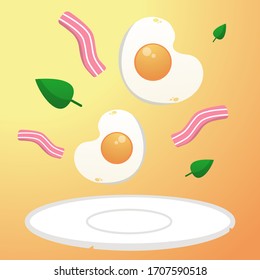 fried eggs with bacon on a yellow background. flat illustration