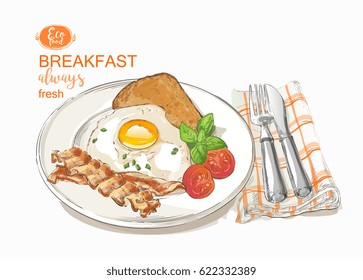 Fried eggs with bacon, salad on a plate with knife and fork. Tasty breakfast perfect fried egg . top view. Vintage vector illustration isolated on white background.