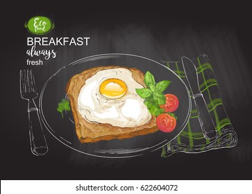 Fried eggs with bacon, salad on a plate with knife and fork. Tasty breakfast perfect fried egg . top view. vector chalk drawing on the blackboard illustration