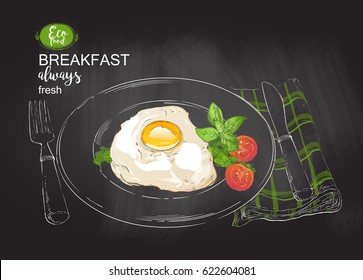 Fried eggs with bacon, salad on a plate with knife and fork. Tasty breakfast perfect fried egg . top view. vector chalk drawing on the blackboard illustration