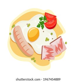 Fried eggs with bacon, sausage, tomatoes and green peas, garnished with herbs. International and national dish. An egg dish can be prepared daily or on the day of the egg feast. Vector. 
