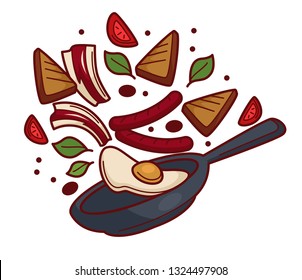 Fried eggs with bacon and sausages breakfast on frypan vector food toasts and tomato slices with basil and pepper seasonings cooking morning dish or meal pork meat and culinary recipe nutrition.