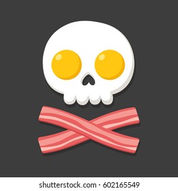 Fried eggs and bacon as skull and crossbones. Danger of fat and deadly cholesterol, nutrition concept. Cartoon food vector illustration.