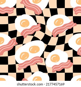 Fried eggs with bacon slices on trippy grid background seamless pattern. Simple design for any purposes. Hand drawn vector illustration.




