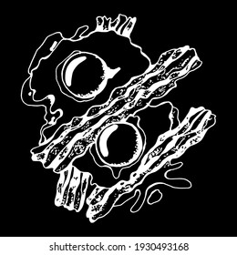 Fried eggs with bacon. Stock vector illustration. Hand drawn illustration. Isolated on black background.Black and white sketch.Doodle.Chalk board.Design for menus, cafes, bars