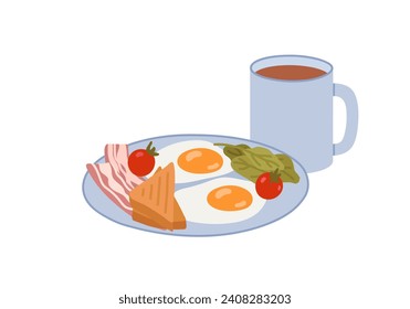 Eier mit Speck, Toast, Salat und Tomaten. Umarmung von Kaffee oder Tee. Auf einem Teller servierte köstliche Gerichte. Frühstück oder Brunch. Flache Vektorgrafik auf weißem Hintergrund