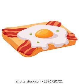 Fried eggs, bacon and toast.Delicious toast with eggs.Morning breakfast sandwich with a fried egg.Strips of fried crispy bacon.Vector flat illustration.Isolated on white background.