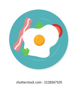 Fried eggs bacon and tomato on a plate, healthy english breakfast top view, flat style vector illustration isolated on white background