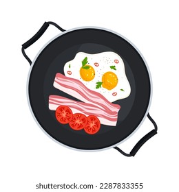 Huevos fritos con tocino y tomates en una sartén. Desayuno.