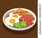Fried Eggs with Baked Toast, Sausages and Salad Tomato Lettuce Vector Illustration | Traditional British Breakfast