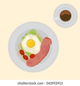Fried eggs, beans, bacon and coffee - traditional breakfast. isolated on white background. flat vector stock illustration