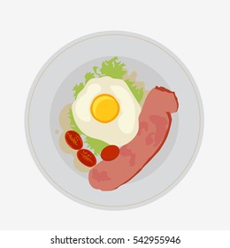 Fried eggs, beans, bacon - traditional breakfast. plate with dish. isolated on white background. flat vector stock illustration