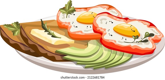 Fried eggs in bell peppers, with bread and butter, with greens and avocado, with yolk, white and spices, lying on a plate, vector image isolated on white background