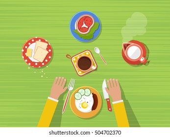 Fried eggs bread and butter steak hot kettle and coffee on kitchen table top view poster vector illustration